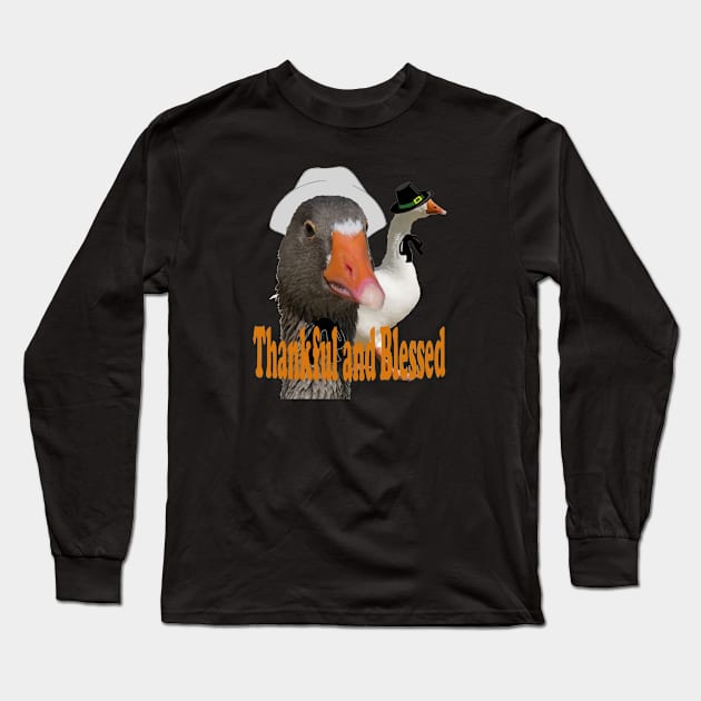 Thankful and Blessed Thanksgiving Pilgrim Ducks In Costume Long Sleeve T-Shirt by taiche